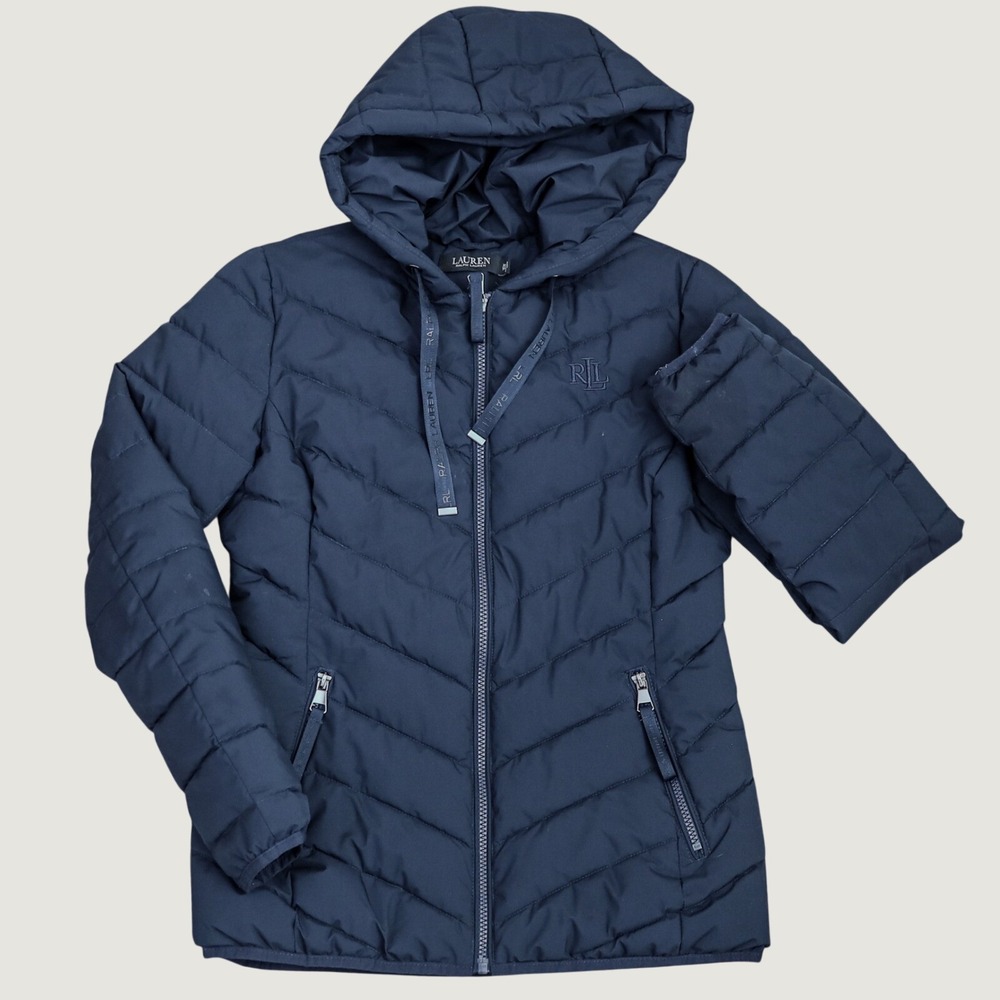Lauren Ralph Lauren Puffer‎ Jacket Womens XS Navy Blue Chevron Quilted Hood Coat